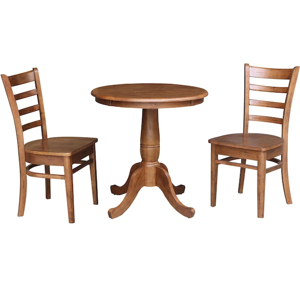 International Concepts Round 30 in Rd Top Pedestal Table, 2 Emily Chairs, Distressed Oak, 30 W, 30 L, 29.1 in H, Wood K42-30RT-C617-2 - main